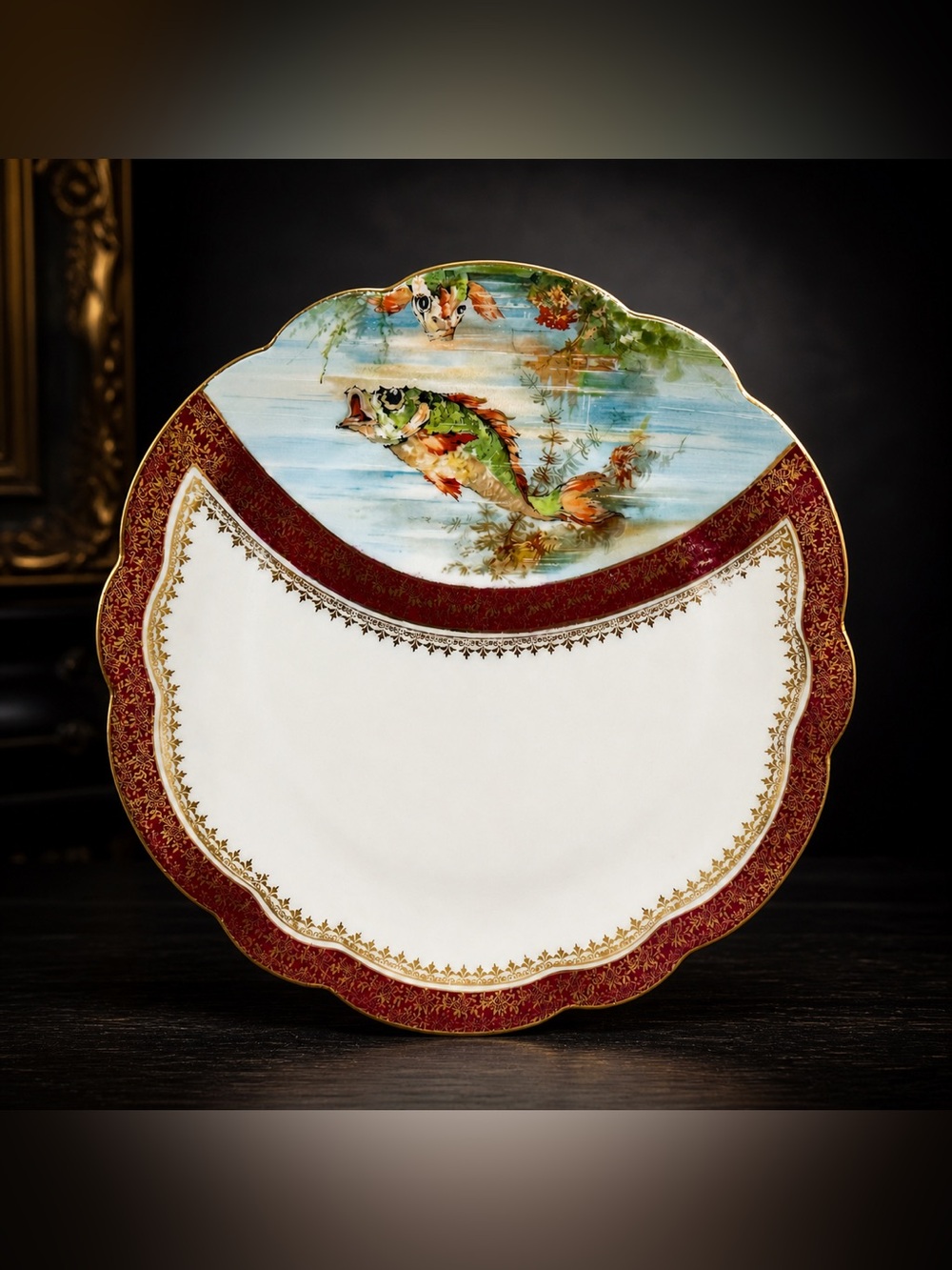 Antique Imperial Crown China Austria Fish Plate 8.5” Hand Painted Gold Gilt